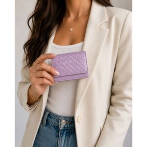 Bottega Veneta Lilac Intrecciato Leather Card Case Wallet Snap Closure w/ Box